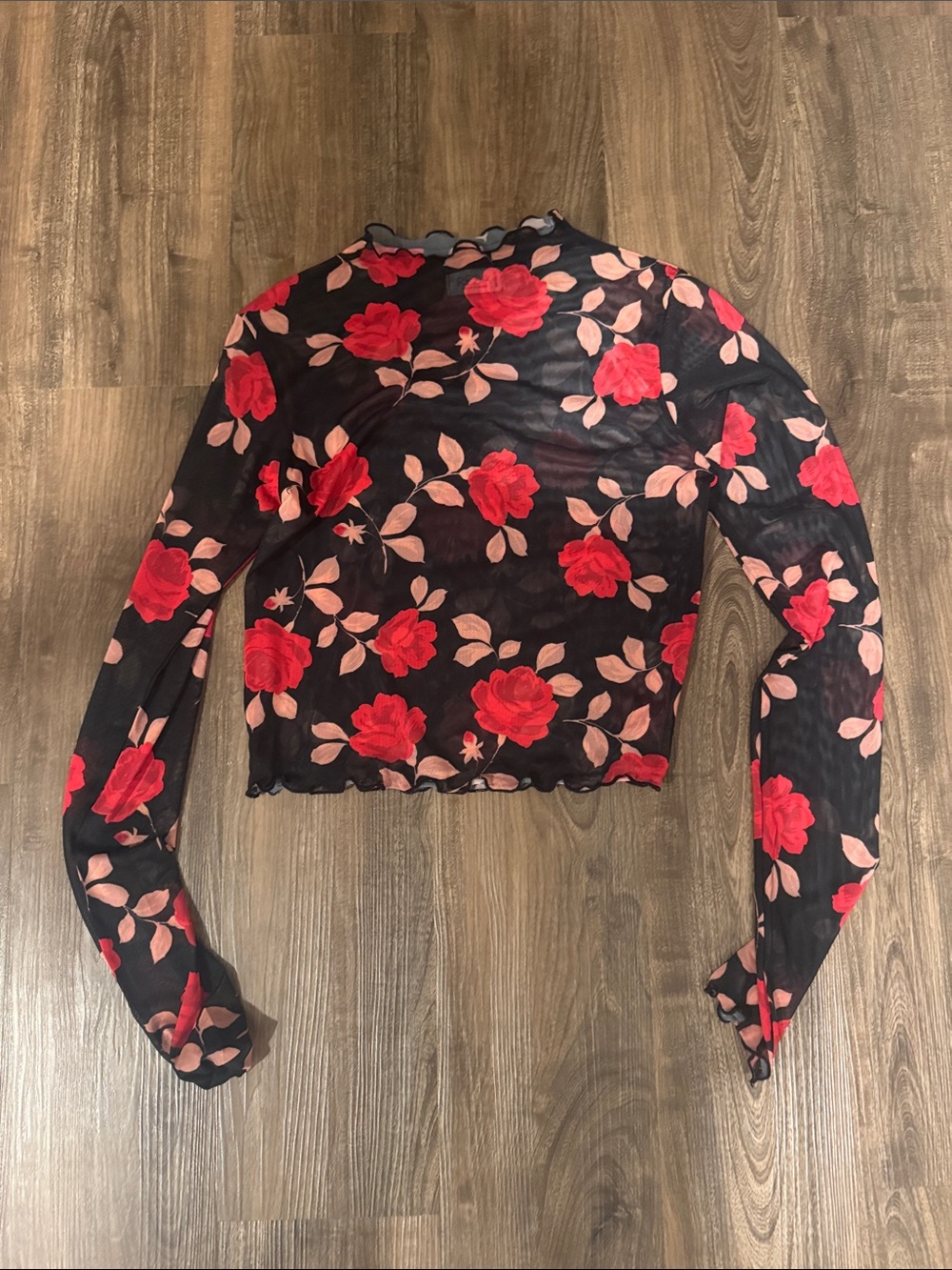 RESA Black Sheer Long-Sleeve Crop Top with Red Rose Print